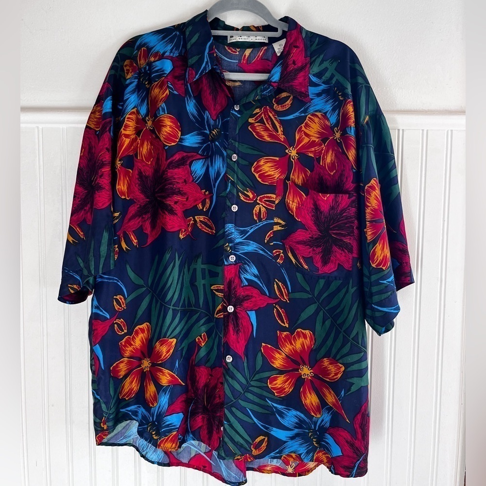 Mens Vintage Basix 100% Silk Hawaiian Shirt size XL Green Red Blue Orange Floral
